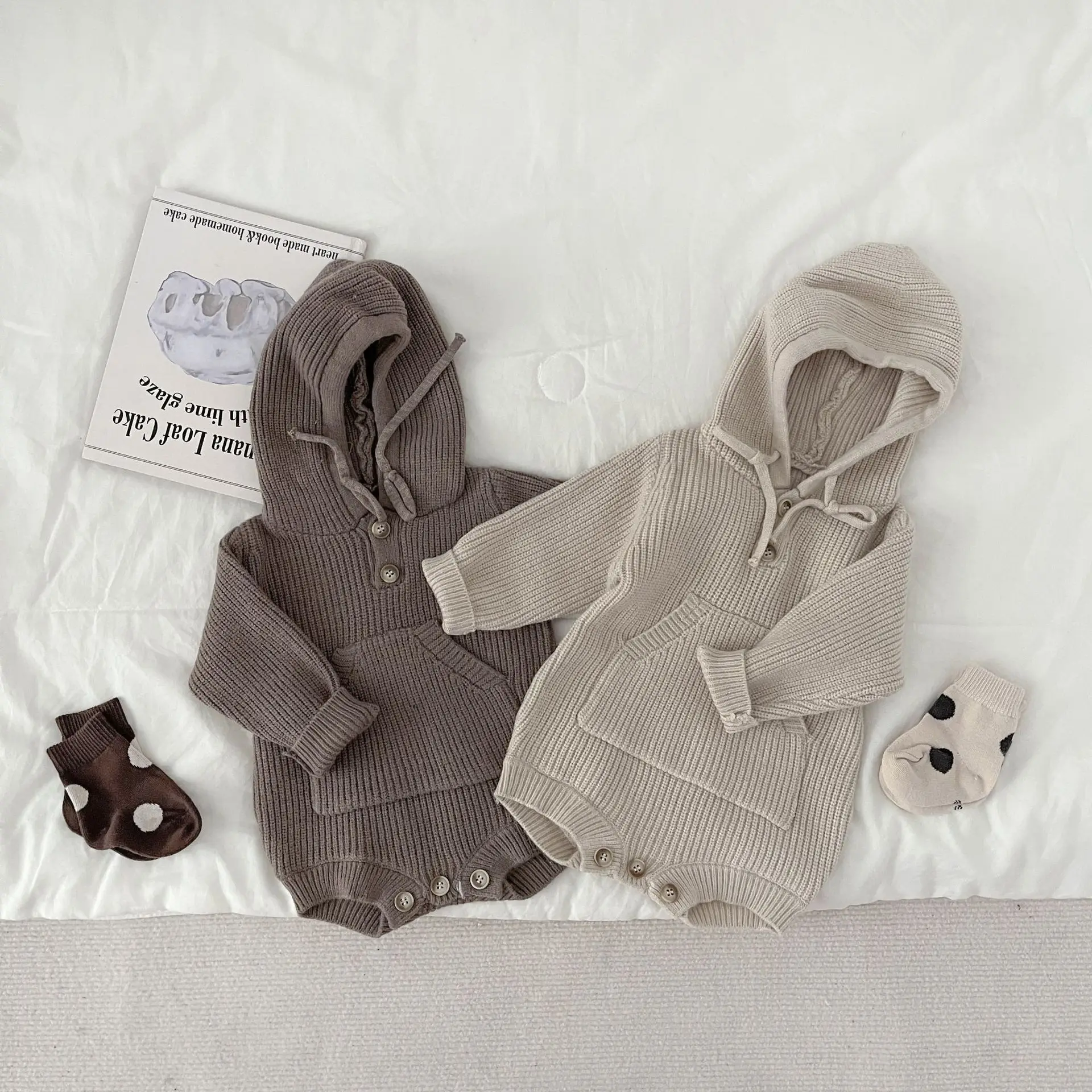 

Autumn Newborn Costume Toddler Girl Knitted Hooded Big Pocket Solid Casual Long Sleeve Onesie Boy Baby Cotton Knitted Bodysuit