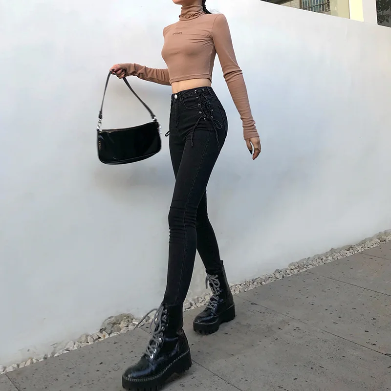 2023 Women's Spring and Fall Side Straps Tight Thin Pencil Pants Foot Pants Female Solid Trouser Korean Chic Black Denim Jeans