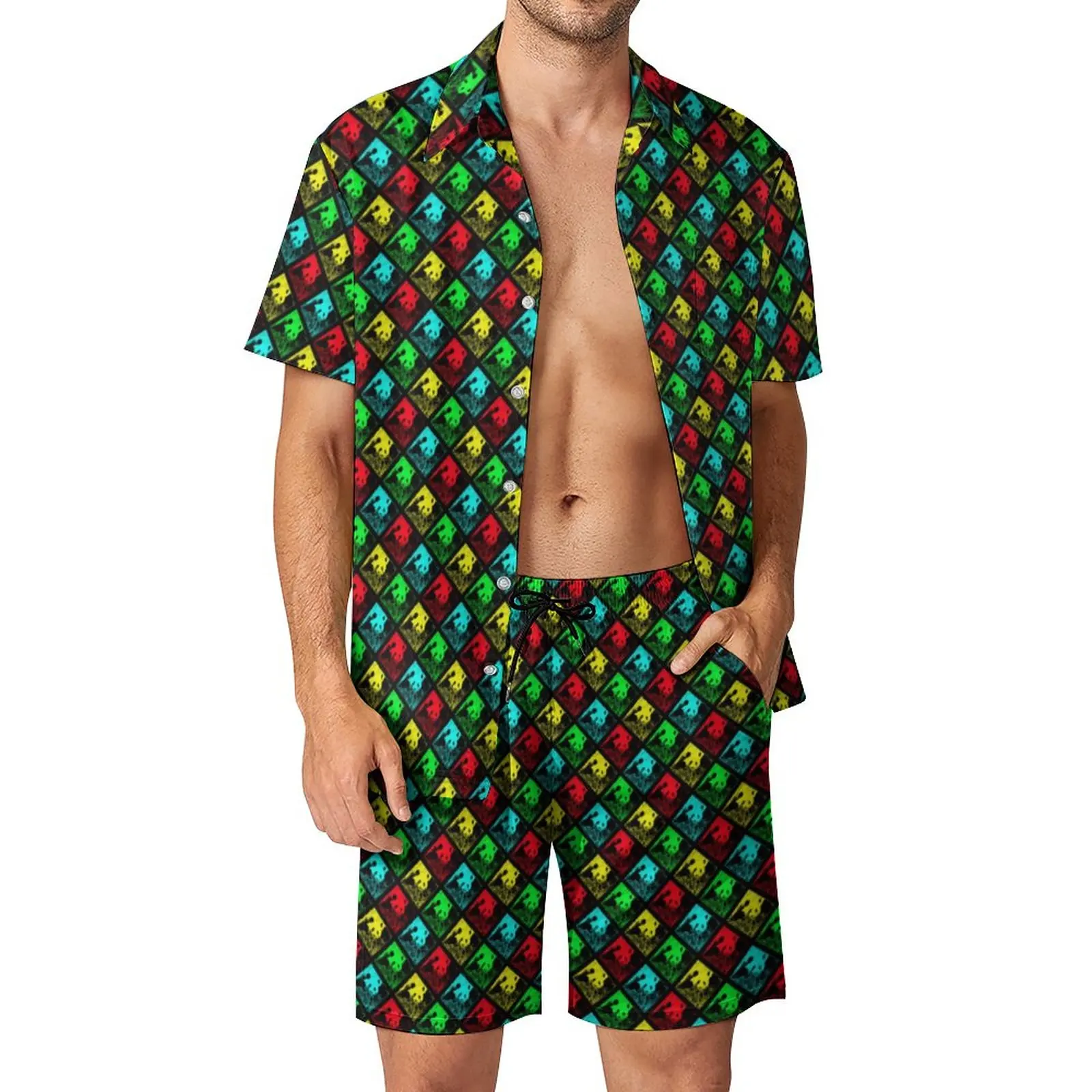 

Pop Art Pandas Men Sets Blue and Yellow Casual Shirt Set Fashion Fitness Outdoor Shorts Summer Custom Suit 2 Piece Clothing