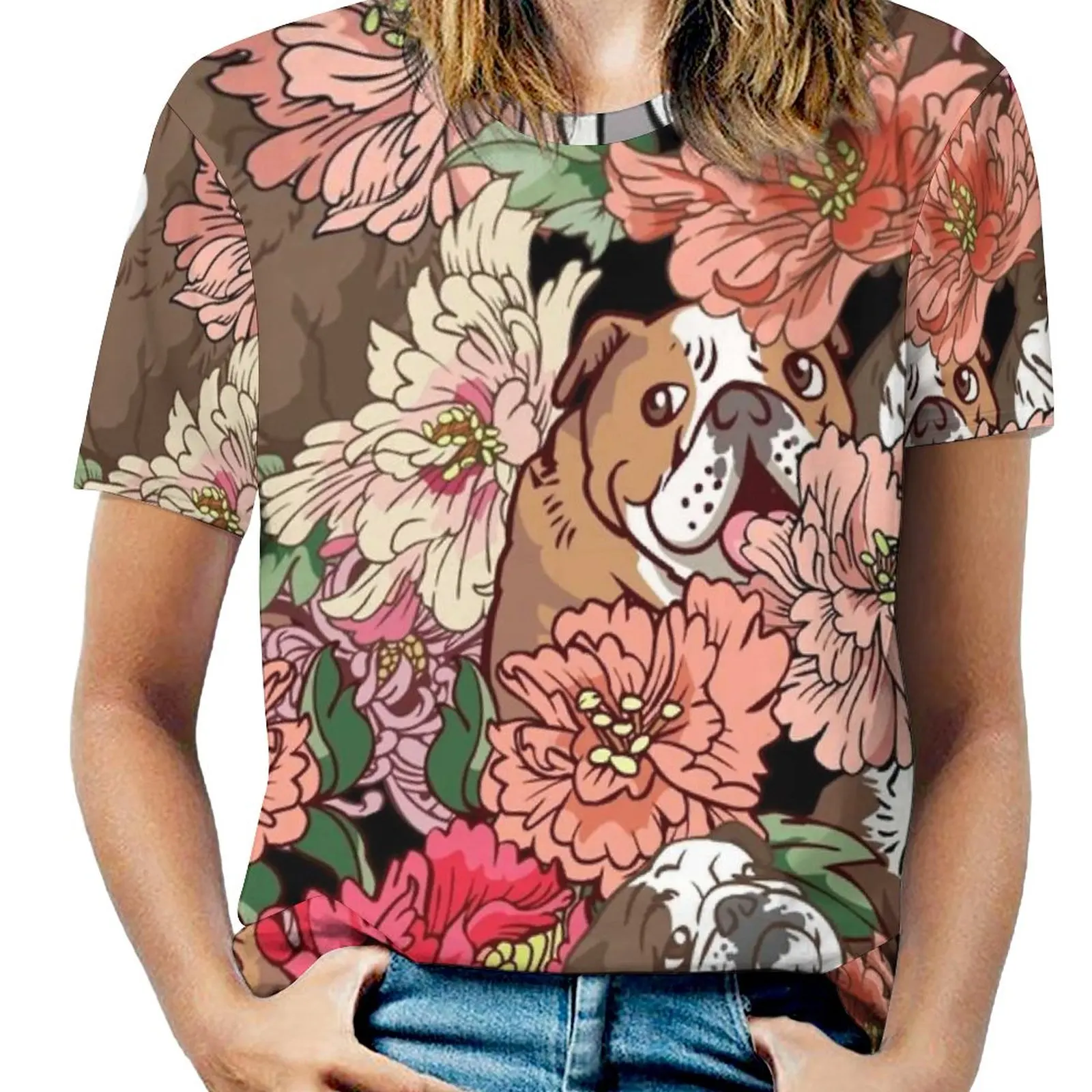 

Женская футболка с вырезом под горло, с принтом бульдога