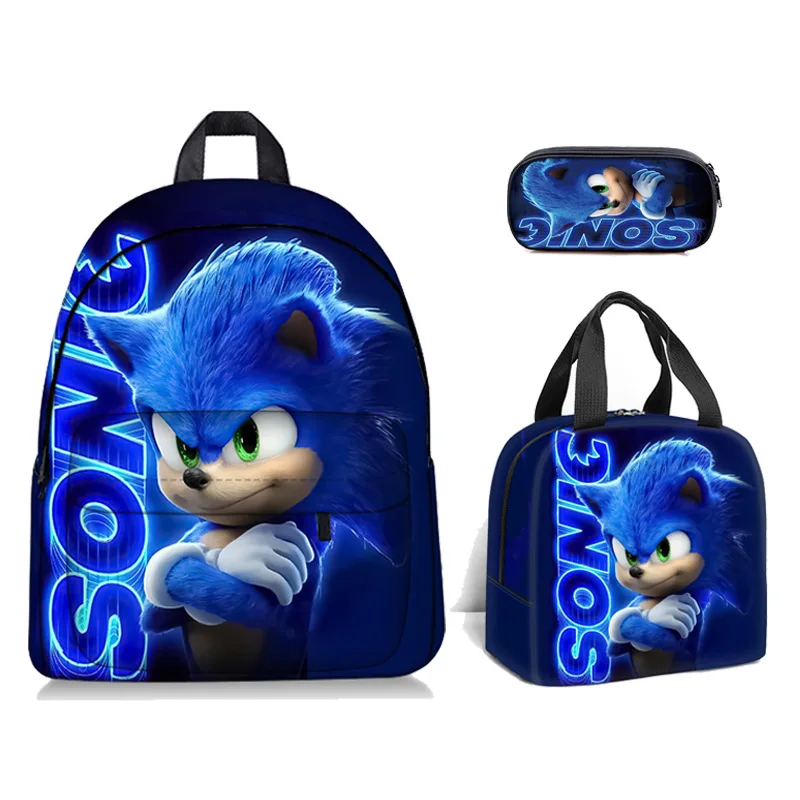 

3PC-SET New Sonic Print Children's Backpack Schoolbag Boys and Girls Backpack Lightening Shoulders Primary and Middle School