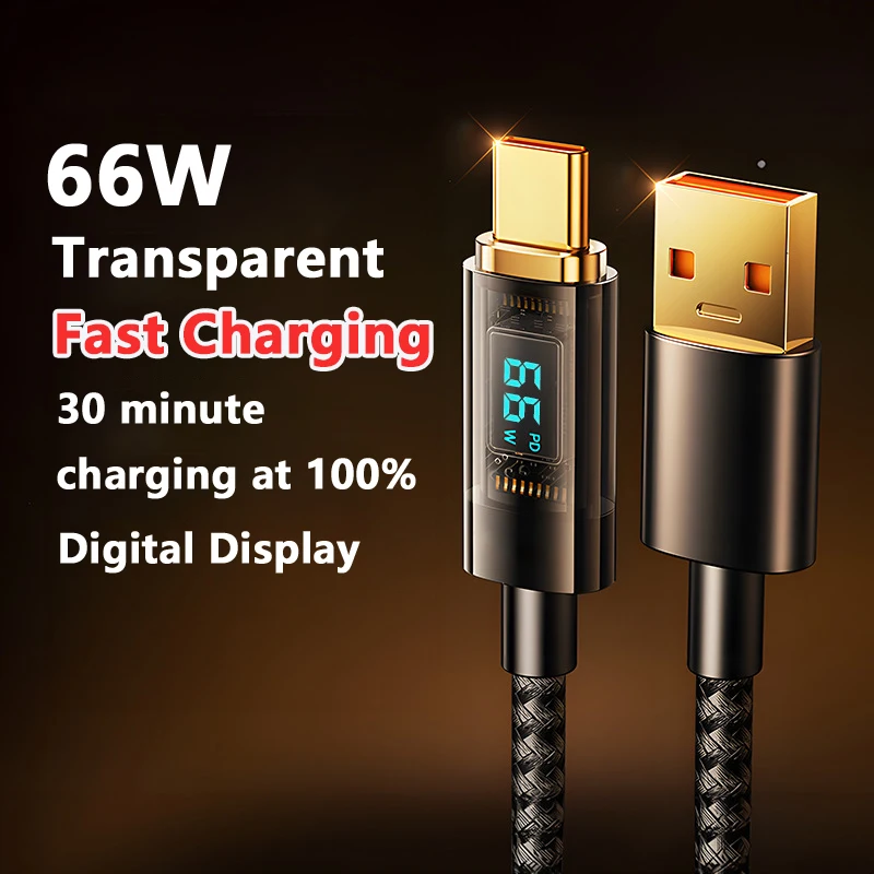 

66W Fast Charging USB to Type C Cable Display 1.2m/2m For Honor Xiaomi Samsung Super Charge USB C Charger Data Cable Wire Cord