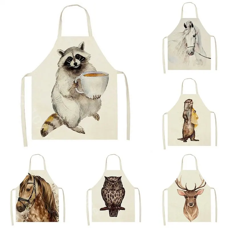 

Horse Raccoon Deer Apron Kitchen Animals Pattern Aprons for Women Home Cleaning Baking Cooking Accessories Sleeveless Apron