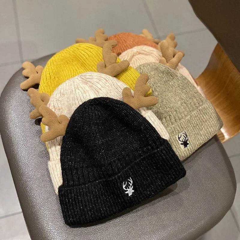 

Осенне-зимняя шерстяная шапка для женщин плюс бархат сохраняет тепло Рождественские рога вязаная шапка Милая защита ушей пуловер