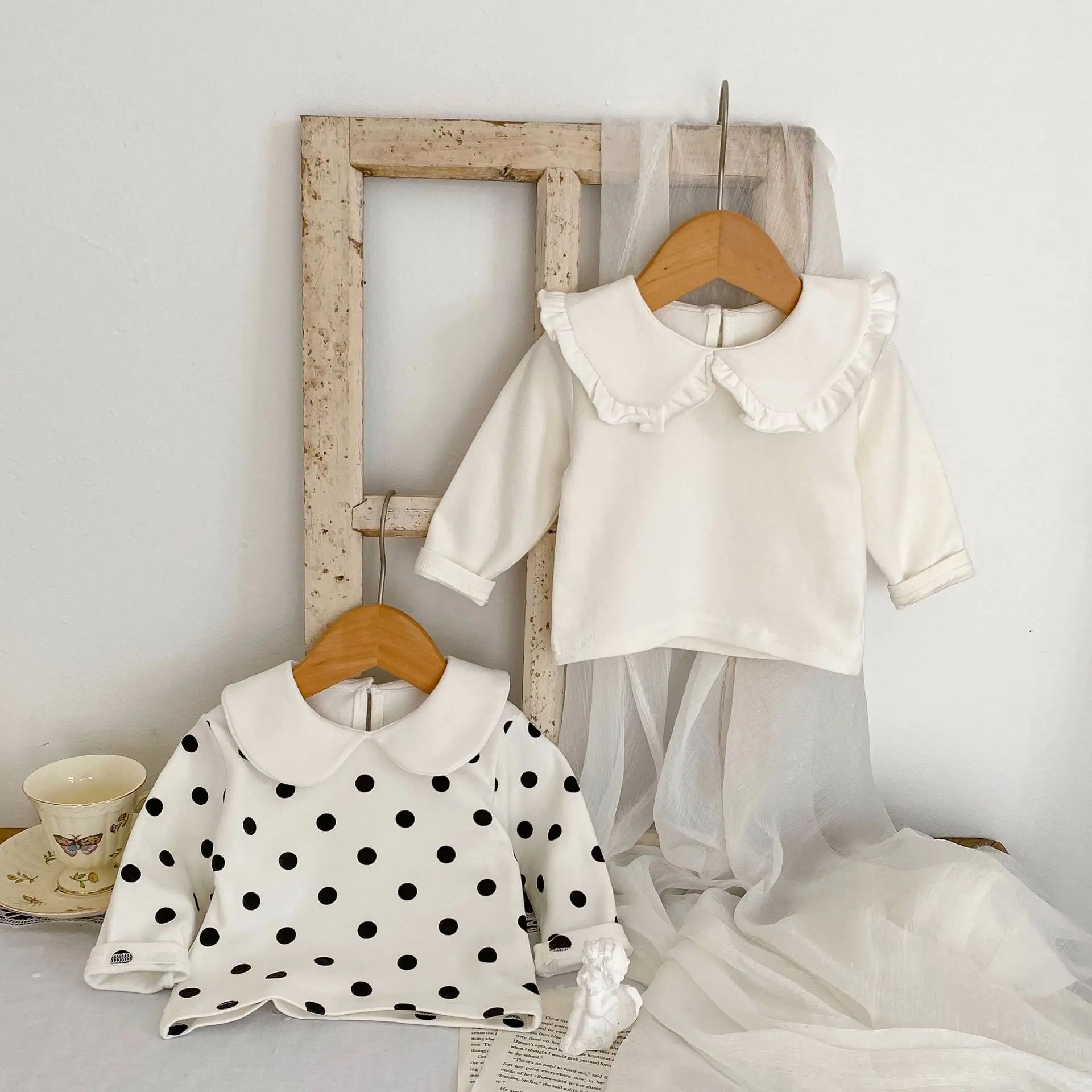 

Girl Fashion Peter Pan Collar Long Sleeves T-shirt Baby All-match Polka Dot Tops Kids Girls Simple Solid Cotton Bottoming Shirt