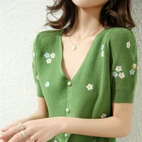 v neck embroidered wool jersey springsummer 2022 new five point mid sleeve top green short sleeve woman