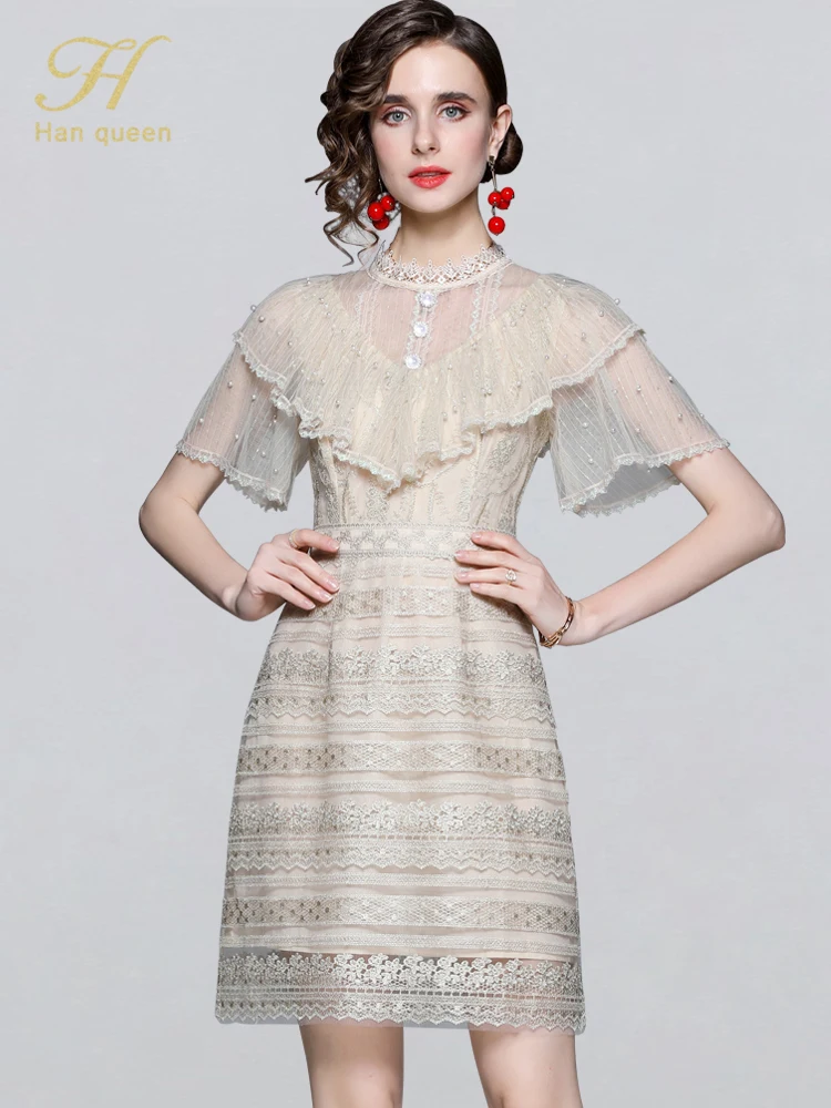 

H Han Queen Beaded Ruffle Panel Mesh Embroidery A-line Dress Women 2022 Summer Lace Dresses O-Neck Casual Party Office Vestidos