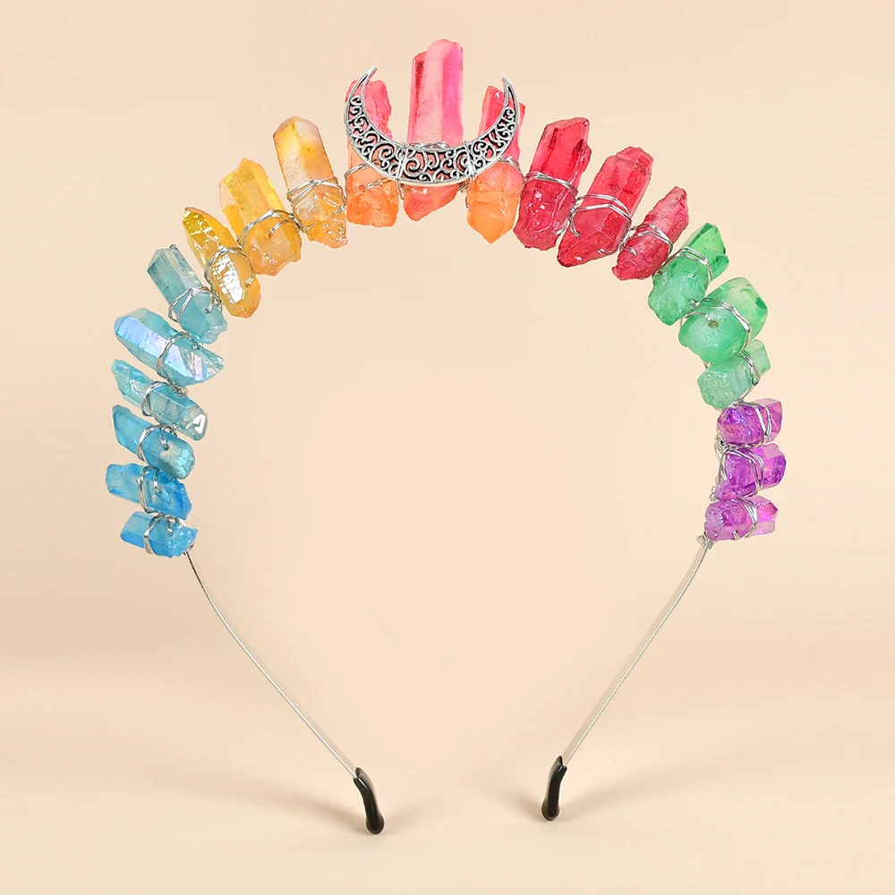

Gemstone Tiara Witch Colorful Crystal Moon Quartz Headband Raw Mermaid Wedding Battette Crown Bridal Hair Accessories Headpiece