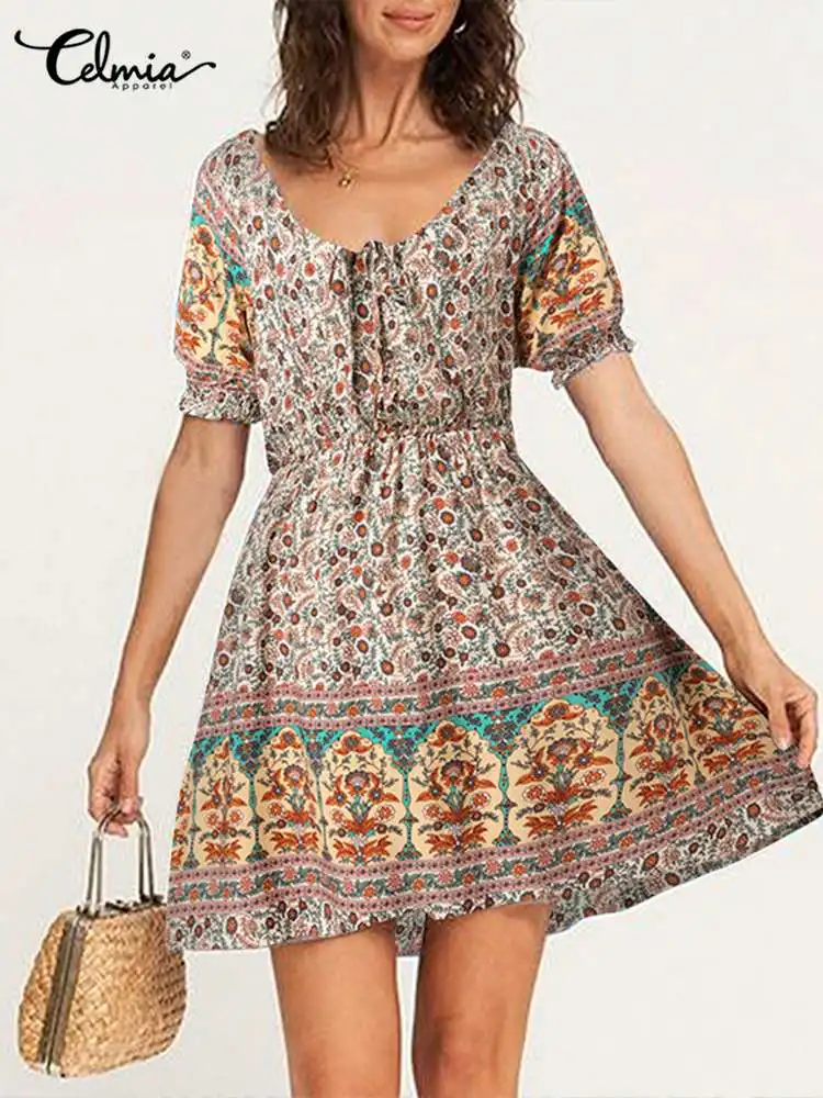 

Celmia Holiday Casual Vestidos 2022 Summer Women Floral Printing O-neck Mini Dress Bohemian Bandage Short Puff Sleeve Sundress