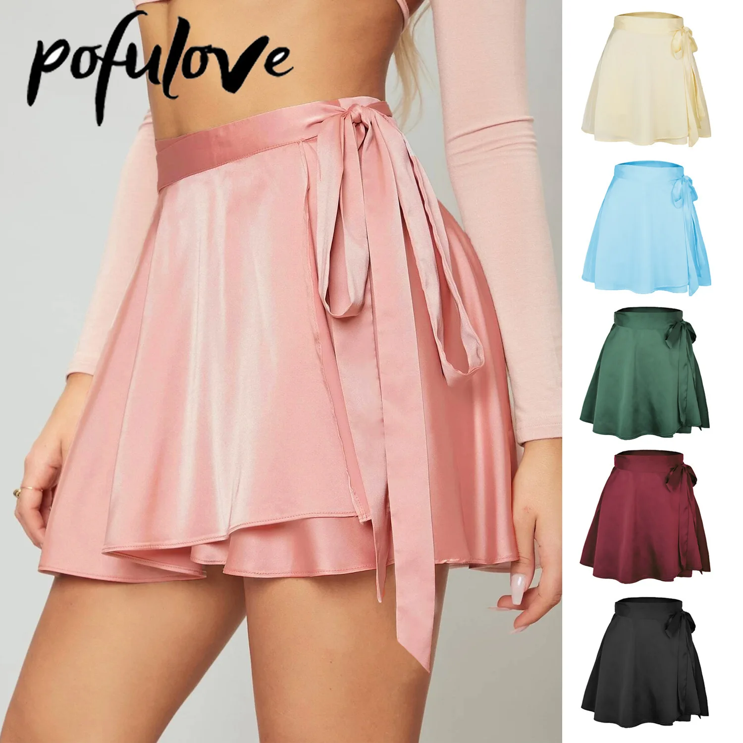 

Satin Skirt Women Mini Y2k Green Black Skirt A-LINE Solid Color High Waist Band-lap Chiffon Wrap Skirt Dropshipping Wholesale