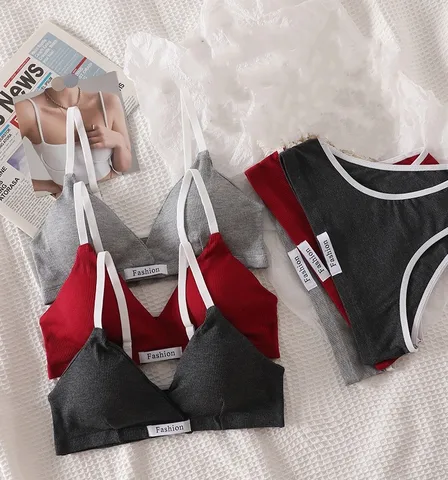 Women Bra Set Sexy Briefs Low Waist Panties Wire Free Bra Bralette Lingerie Brassiere Female Cotton Underwear Set