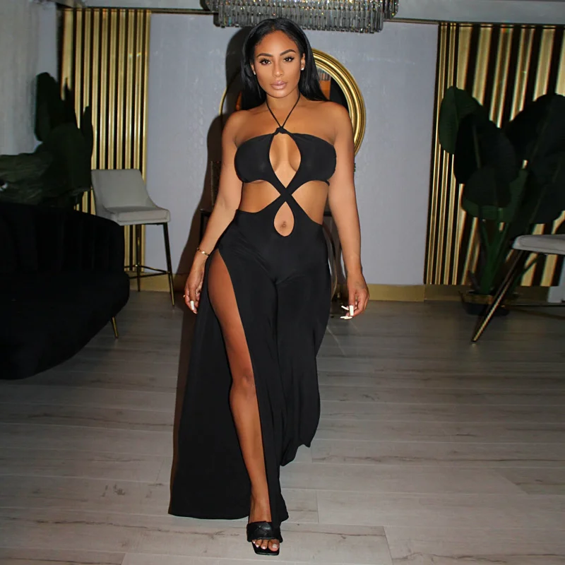 

Cutubly Jumpsuits Playsuit 2022 Nightclub Clothes Wide Leg Pants Elegant For Women Summer Black Overall Slit Lady Female Rompers