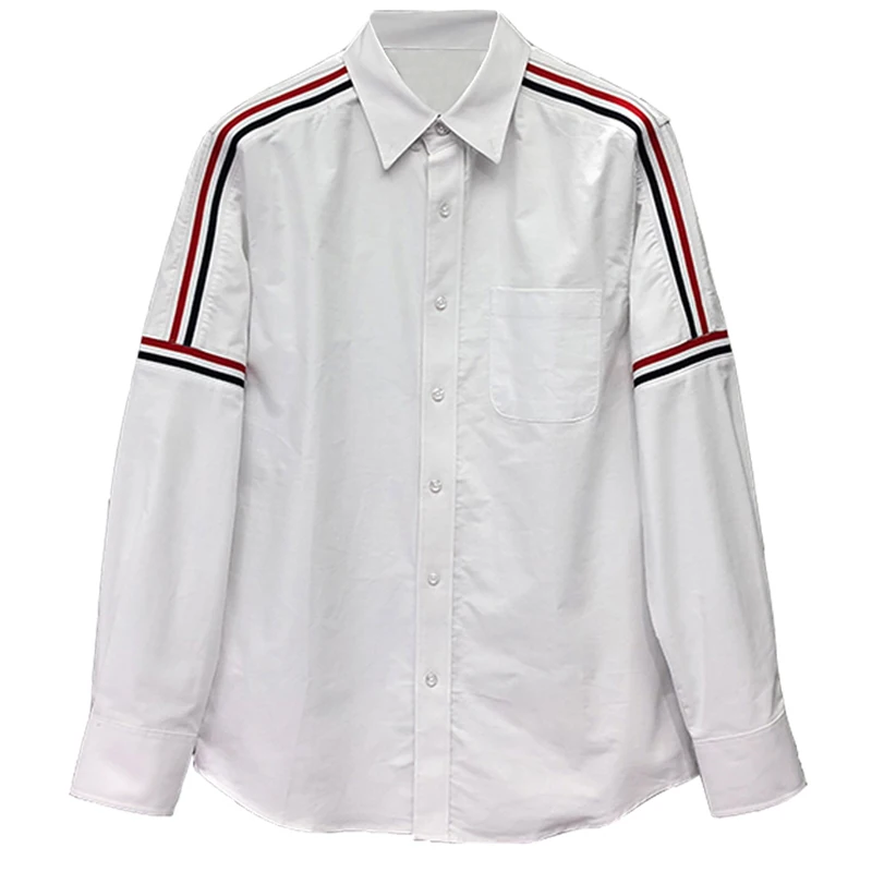 TB THOM Men‘s Shirt Spring Autumn Fashion Brand Clothes Ribbon Shoulder Vertical Stripe Cotton Oxford Casual Wholesale TB Shirts