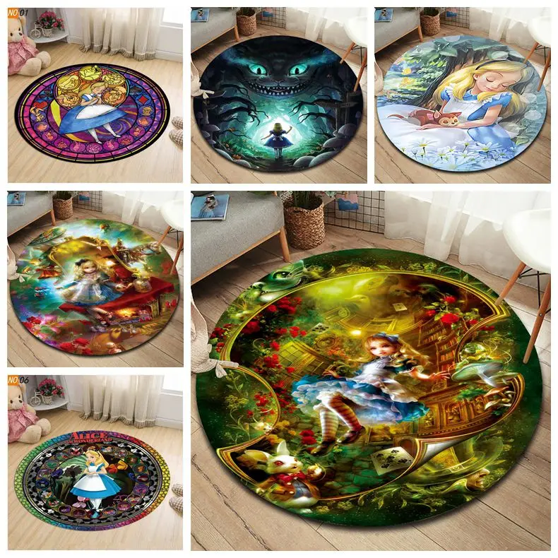 

Cartoon Alice in Wonderland pattern print round carpet children's bedroom play mat children's room non-slip play mat porch mat