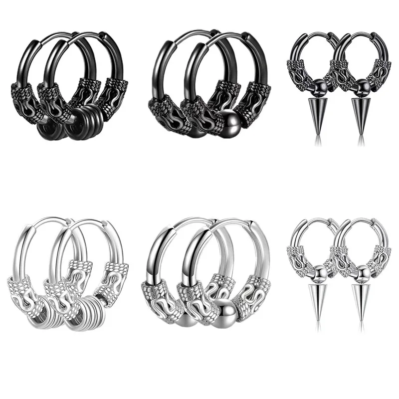 

1 Pair Trendy Korean Version Cool Earrings for Men Domineering Personalized Dragon Pattern Totem Earrings Round Thread Earrings