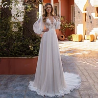 bohemian puff sleeve wedding dress v neck lace backless bridal gown chiffon bride dresses marrige robe vestido de novia