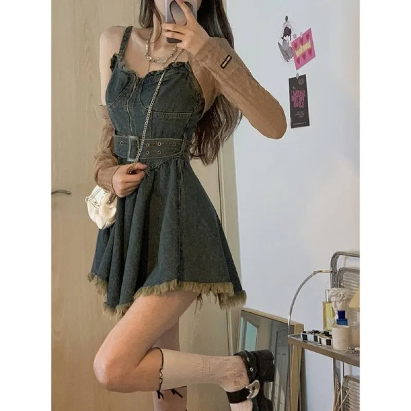 

New Fashion High-quality Sweet Cool Hot Girl Style Irregular Denim Suspender Dress Suit Women's Short Shawl Blouse Outside