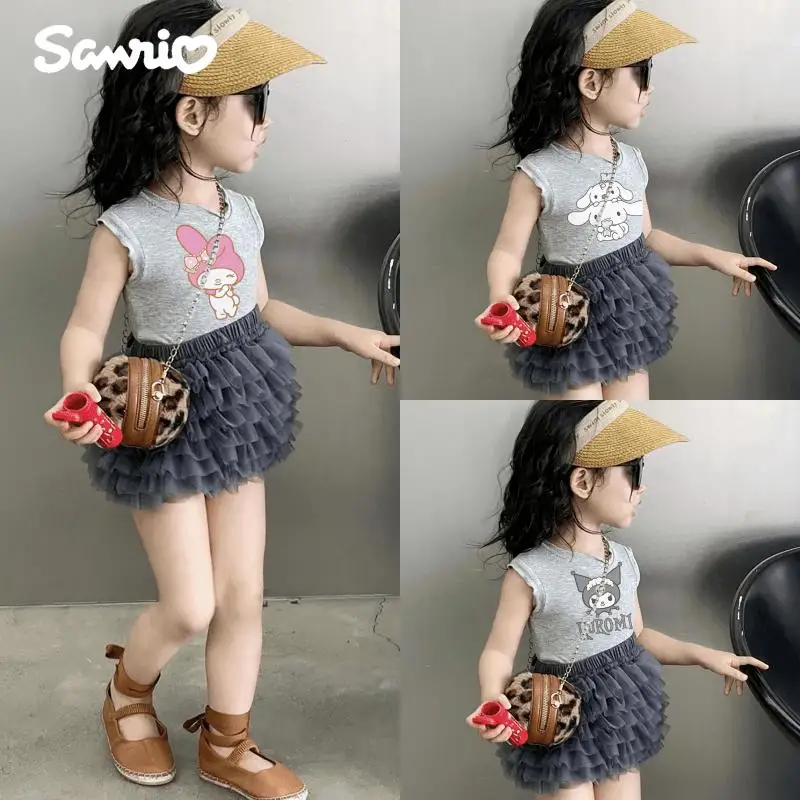 Anime Sanrios My Melody Cinnamoroll Kuromi Kawaii Kids Mesh Princess Dress Vest 2Pcs Set Girl T-Shirt High Waist Cake Skirt Suit