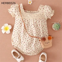 herbeeza summer newborn baby girl rompers puff sleeve hollow jumpsuit cute floral apricot outer toddler infant bodysuits