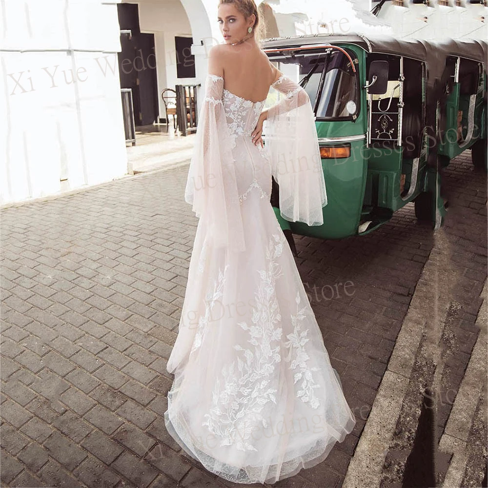 Элегантные свадебные платья русалки 2025 года кружевные аппликации без бретелек