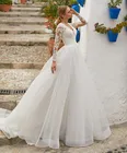 Свадебные платья с длинным рукавом и V-образным вырезом, 2022, фатиновое платье с аппликацией для невесты, элегантное кружевное свадебное платье со шлейфом
