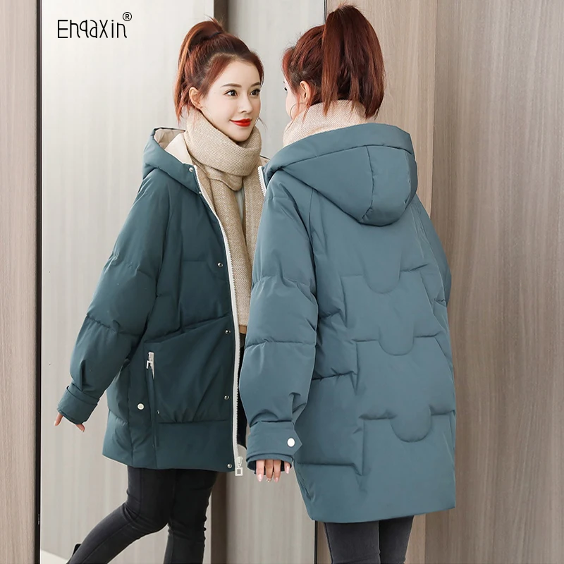 EHQAXIN 2022 Women's Mid-Length Down Cotton Jacket Korean Style Loose Hooded Knitting Thick Coat Overcoat Warm Ladies S-3XL