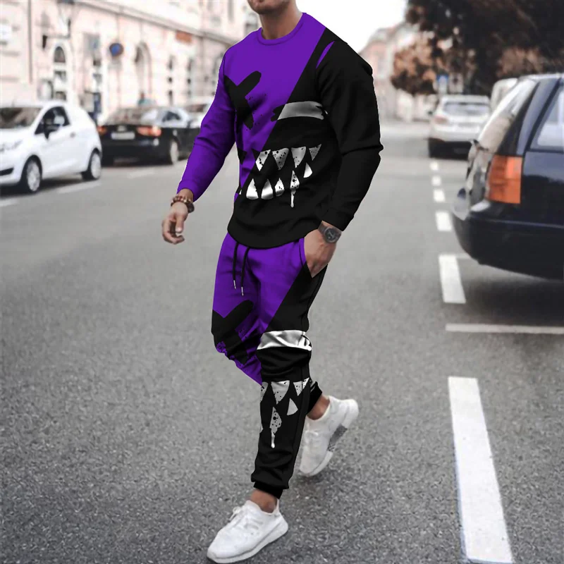 

New Sport Casual Male 3D Printing 2 Piece Smiley Printing Fitness Suit Iong Sleeve T-shirt + Iong Pants Two Pieces Set 2022