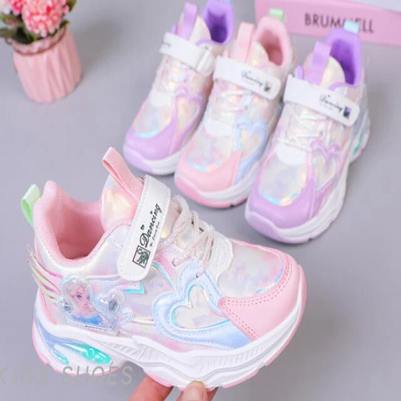 

Детские кроссовки для девочек, Спортивная повседневная обувь для бега, с мультяшным принтом «Холодное сердце», для начинающих ходить принцесс, Размеры 26-37, весна-осень