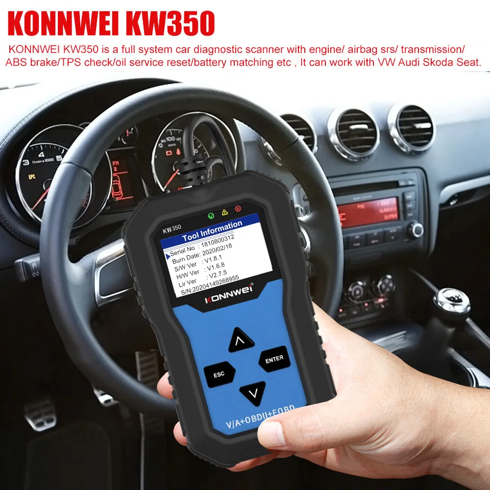 

Автомобильный двигатель KONNWEI KW350 V007 OBD2, диагностический инструмент, контрольный двигатель, ABS, подушка безопасности, для автомобилей серии VW / Audi / Skoda / Seat
