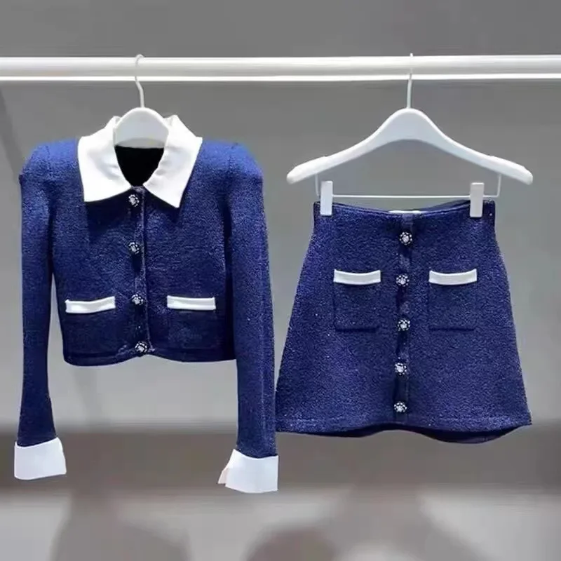 Женский темно-синий модный костюм из двух предметов с длинными рукавами и