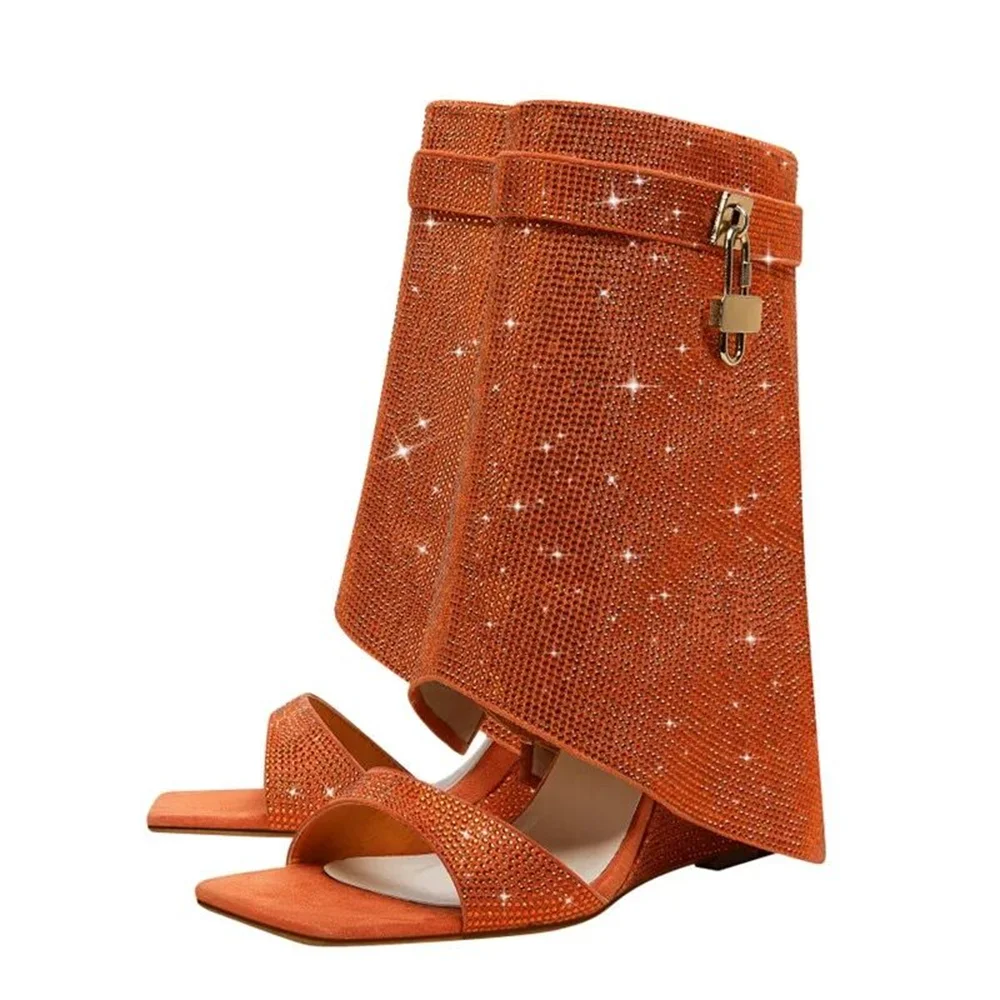 Women's New Slotted Toe with Open Toe Slope Heel Shark Boots Sexy Colored Rhinestone Metal Decoration Calf Short Boots Sandals