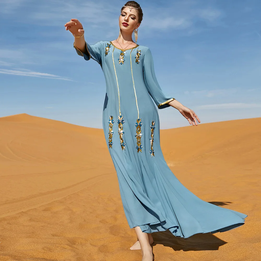 Sweethug Abaya Long Dress Handsewn Diamonds Embroidered Muslim Moroccan Evening Kaftan Arabic Party Dress with Metallic Belt