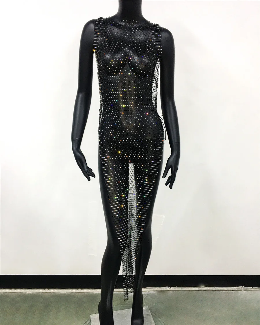 Длинное платье в сеточку с блестками и стразами сексуальное прозрачное сетчатое