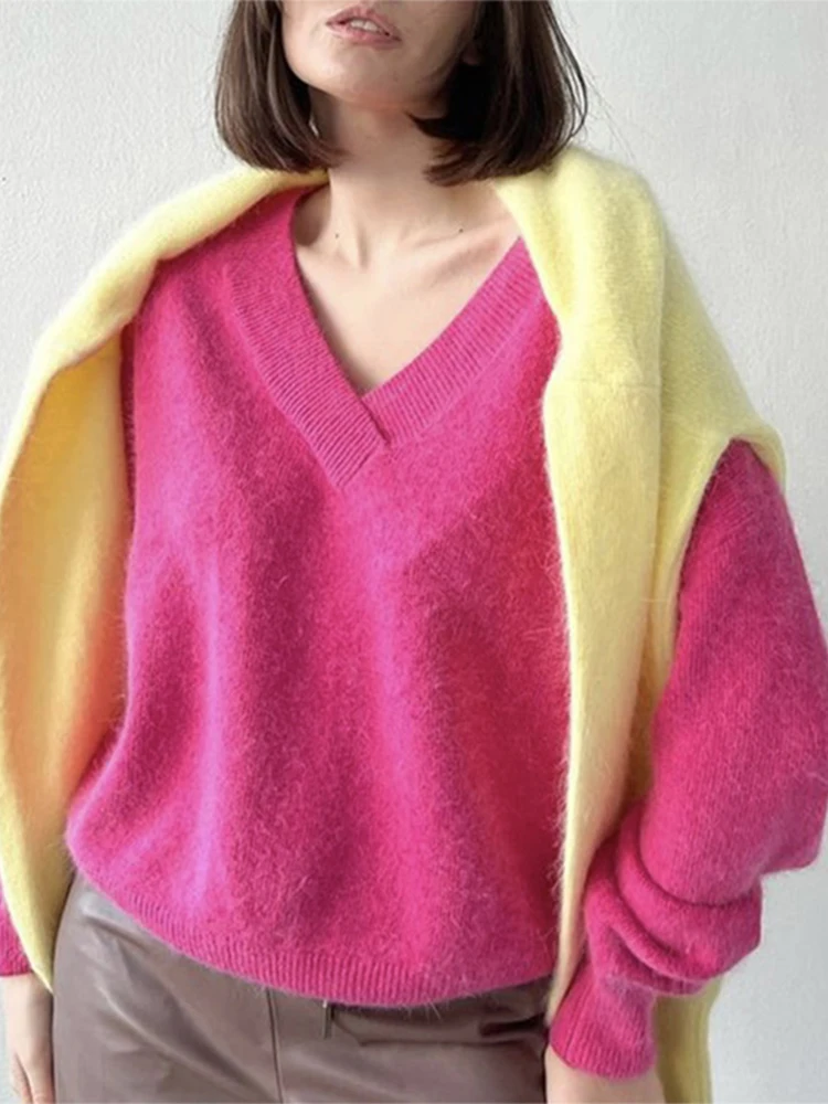 

Women Solid Cashmere Knitted Sweater Pullovers Female Chic V-Neck Long Sleeve Overtise Sweaters Autumn Winter Lady Warm Jumpers