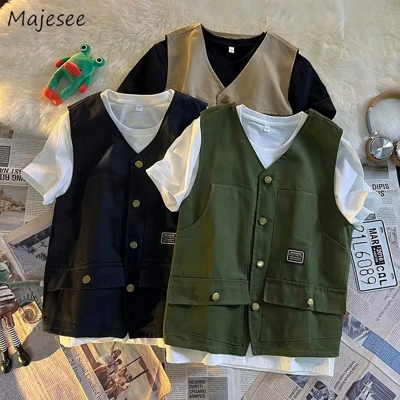 

Sweater Vest Men Cargo Spring Retro Sleeveless Outwear All-match M-3XL Army Green V-neck Single Breasted Clothing Handsome Male