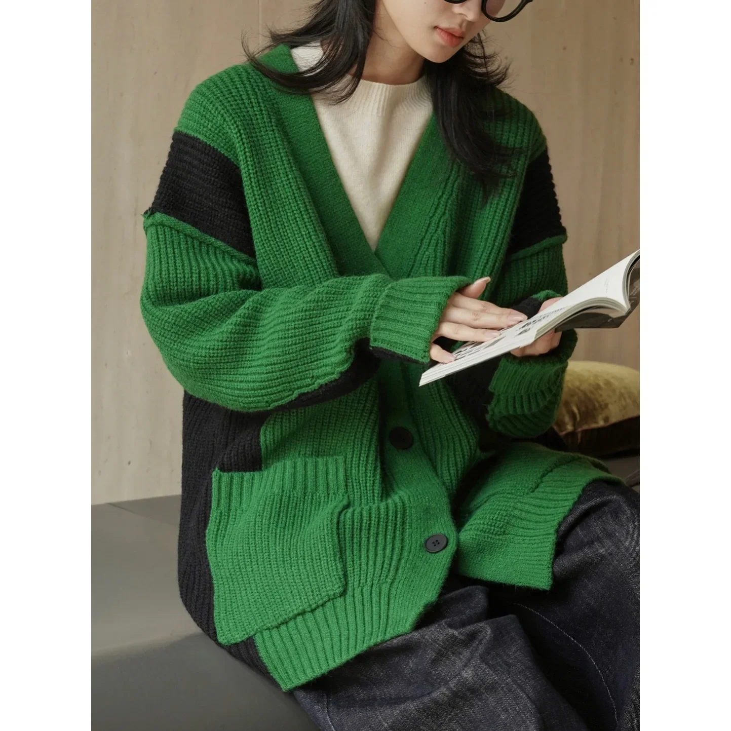 Luofu новый стиль корейский винтажный свитер с цветными блоками кардиган толстый