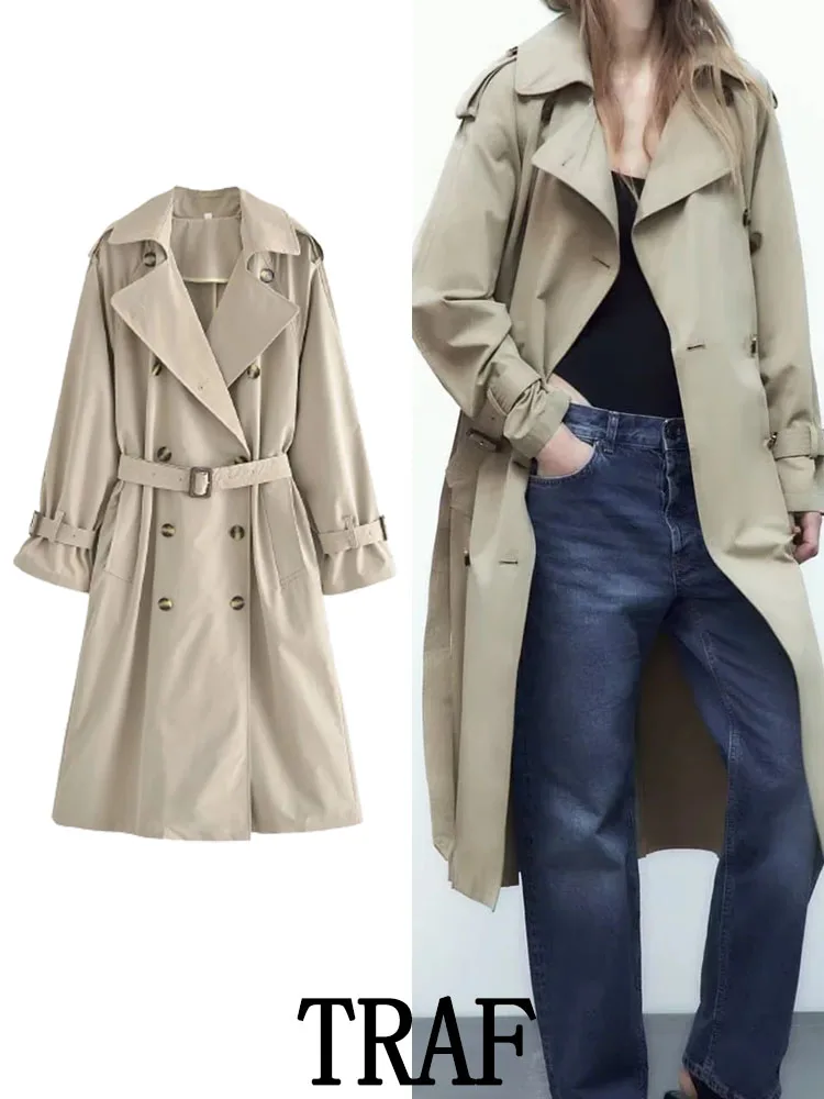 

TRAF 2023 Women Windbreaker Trench Coats Fashion Double Breasted With Belt Vintage Spring Autumn Casual Loose Outwear Tops