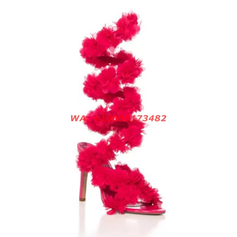 

2023 sexy Open Toe Snake Wrapped Thin High Heel Flower Sandals Women Large Size high heel cross strap flower dress sandal