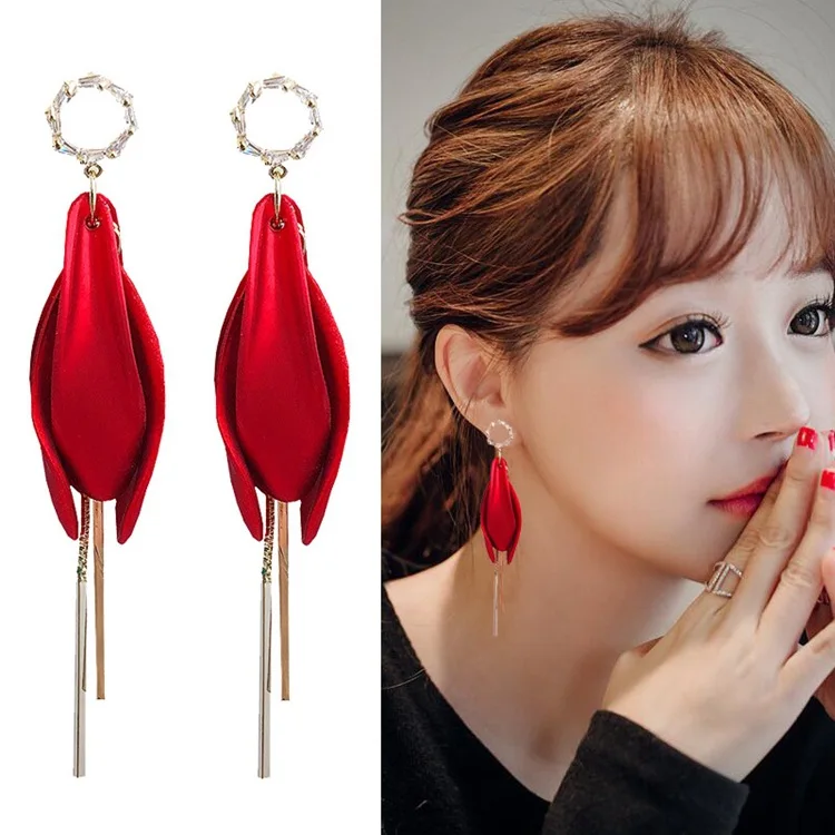 

New 925 silver needle Earrings net red temperament long earrings Korean exaggerated rose petals big red Earrings