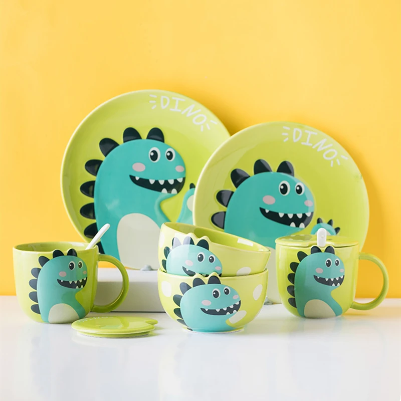 

Ceramic Children's Dish Combination Cartoon Creative Cute Dinosaur Pattern Breakfast Plate Fruit Bowl Milk Mug Cutlery Set