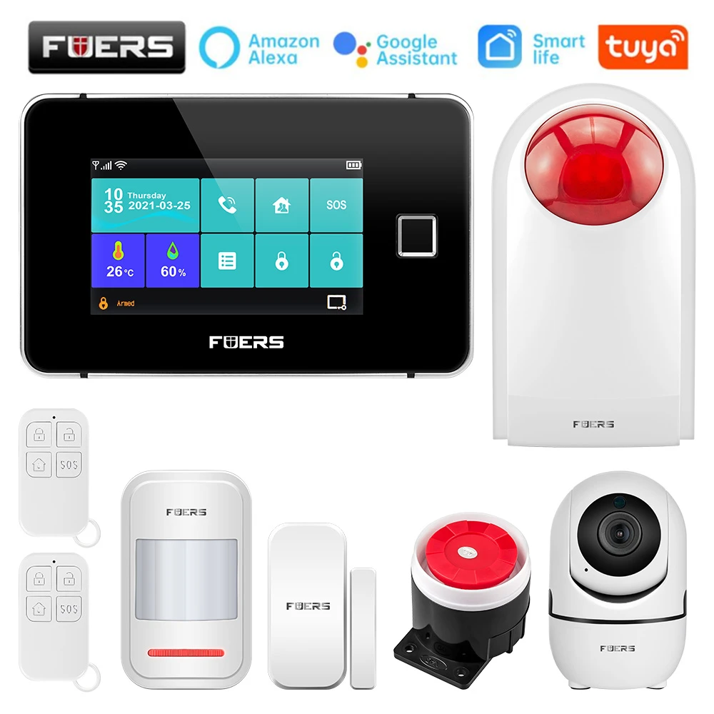

FUERS G60 WiFi GSM Wireless Tuya Smart Alarm System for Home Burglar Security Fingerprint Panel PIR Motion Sensor IP Camera Kit