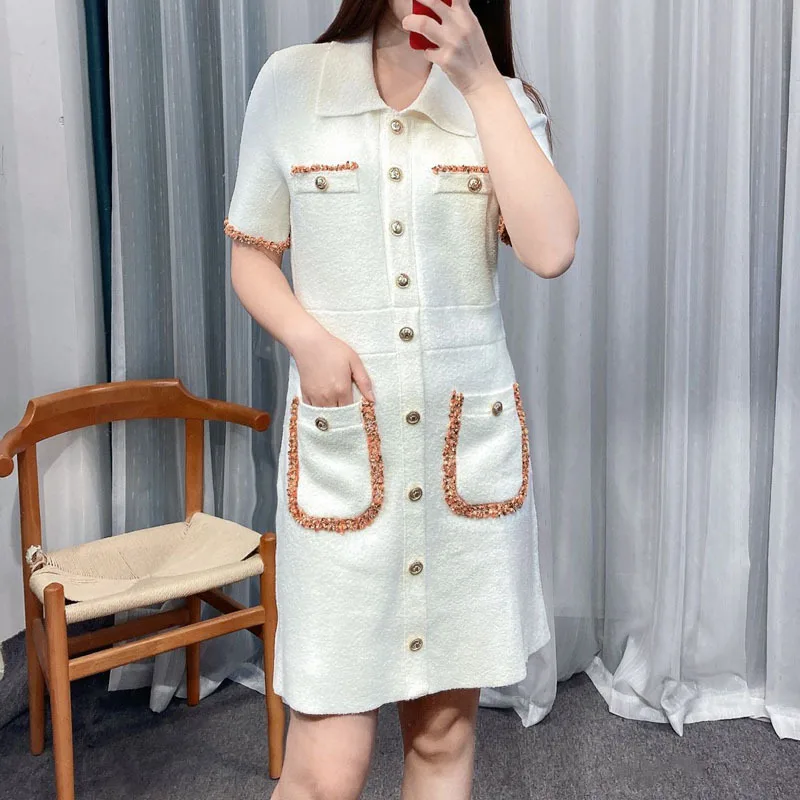 Spring Acrylic  Fabric Fashion Women White Dress Short Sleeves Pockets Single-Breasted Button Lady A-Line Dresses For Office