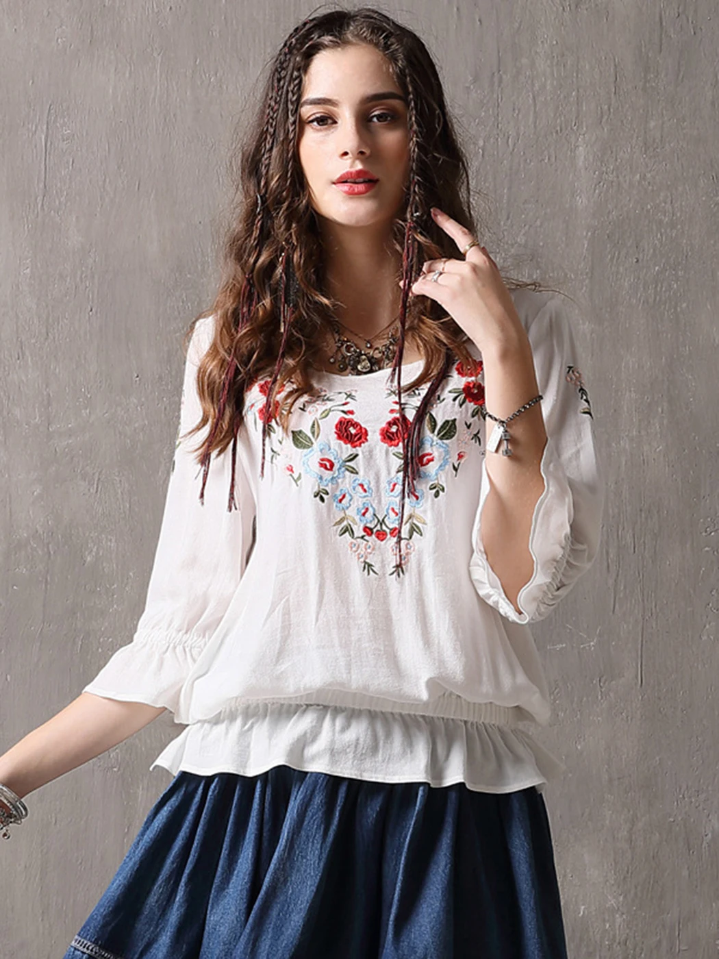 

Jastie Retro Floral Embroidery Chic Shirt Top Women Spring O Neck Three Quarter Sleeves Casual Tops Boho Cotton Holiday Shirts