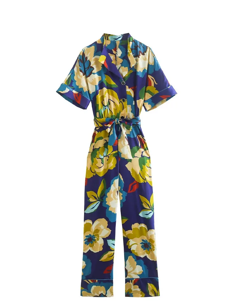 

Women 2022 New Chic Fashion with belt flower-print Jumpsuits Vintage Short Sleeve Buttons Female Playsuits Mujer