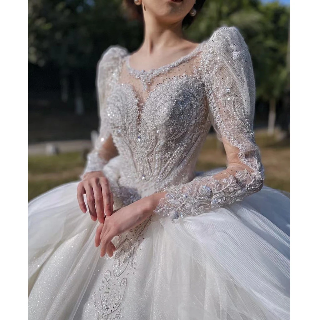 

White Shiny Glitter Wedding Dresses Sweep Train Beadings Puff Full Sleeve Dubai Applique Backless Arabic Tulle Bridal Ball Gowns