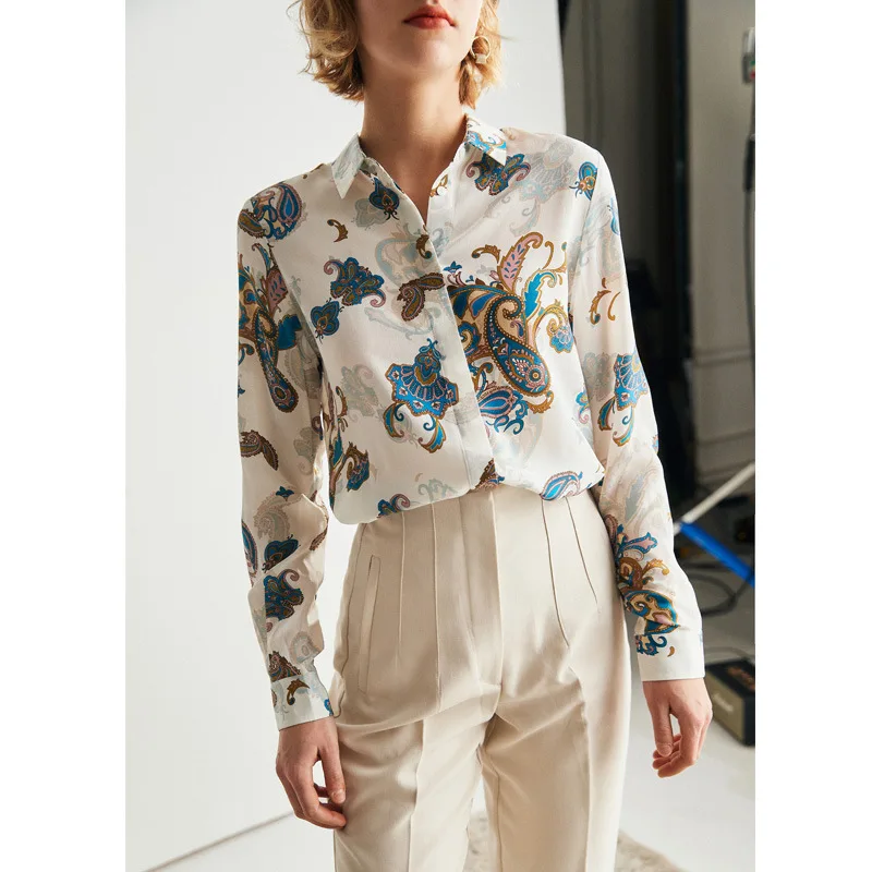 

Greek Blue Paisley Floral Silk Shirt Female 21 Spring New European Beauty Women's Silk Top