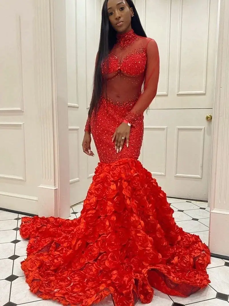 

Glamorous Long Mermaid Evening Dress High Neck Flowers Sequined Arabic Formal Gowns Long Sleeves Dubai Party Dresses With Train