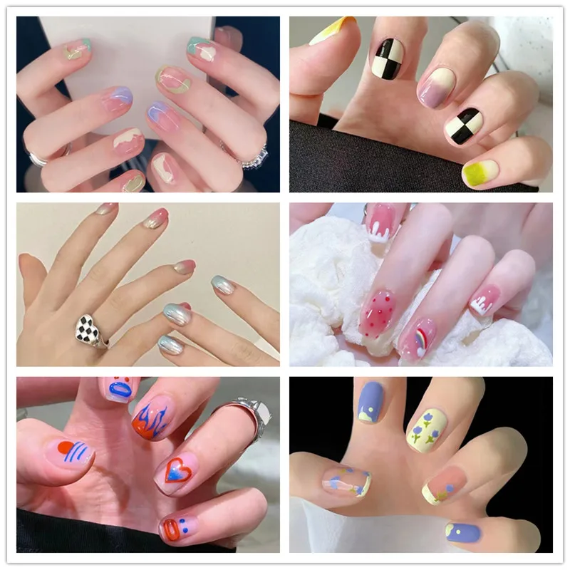 

Fake Nails Checkerboard Cute Bunny Bear Gradient Etc.Design Press On Wearable Full Cover Finished False Nail Manicure Decoration