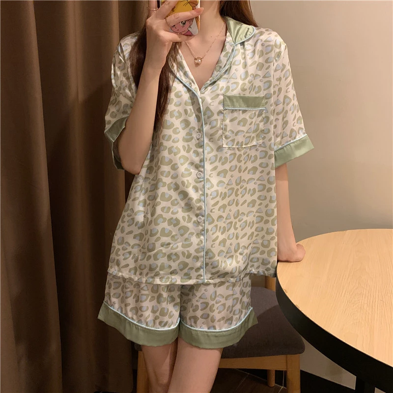 New Korean Style Sexy Leopard Print Pajamas Set Women Loose Nightwear Summer Short Pants Leisure Sleepwear Soft Homewear Suit