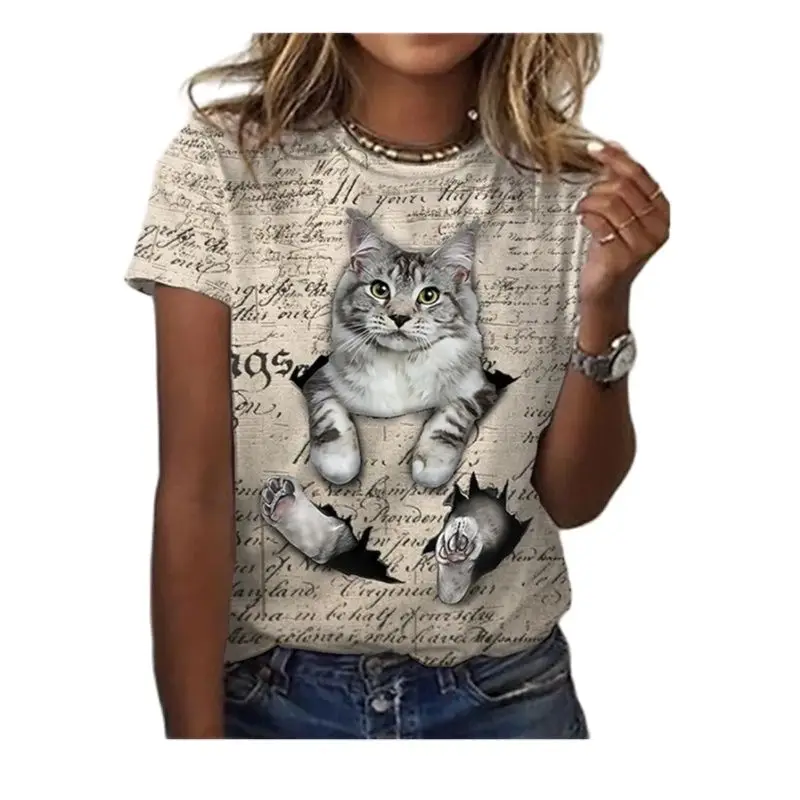 

Summer Casual Retro Style Women's Forest Cat 3D Printed T-Shirt Short Sleeve Round Neck T-Shirt Street Style Women's T-Shirt